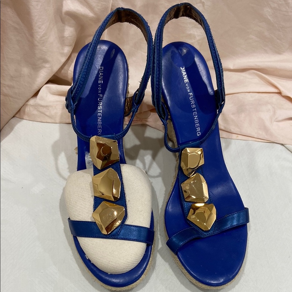 Diane Von Furstenberg Blue Sandals with Gold Accents
